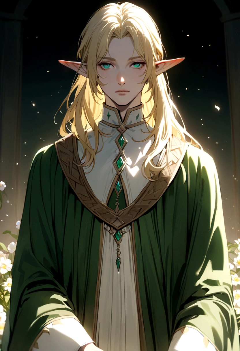 Male elf, long silky blonde hair, pink and white flower tucked behind right ear, fair skin, emerald eyes, has a hunter's bow on his back, blue and green robes that shimmers in the light, cleric