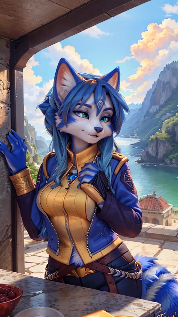 A beautiful and detailed (sweet portrait) wa ((Krystal)), Star Fox Krystal, sslim, lovable, green eyes, medium breasts, (((Long blue hair 1.3))), Decollete, anthro, furry, Uploaded E621, detailed fluffy fur, (wa Fluff-Kevlar, Bayard Wu, Personalami, Pino Daeni), detailed face, (fluffy), 1 girl, alone, sweet girl, 
