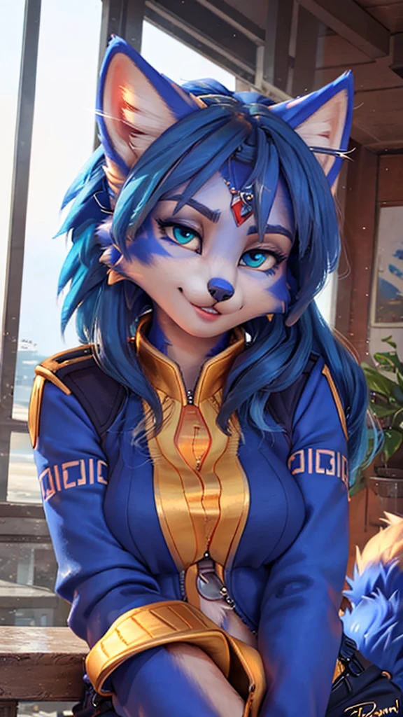 A beautiful and detailed (cute portrait) wa ((krystal)), Star Fox krystal, sslim, lovable, green eyes, medium breasts, (((Long blue hair 1.3))), Decollete, anthro, furry, Uploaded E621, detailed fluffy fur, (wa Fluff-Kevlar, Bayard Wu, Pino Daeni), detailed face, (fluffy), 1 girl, alone, sweet girl, tunic
