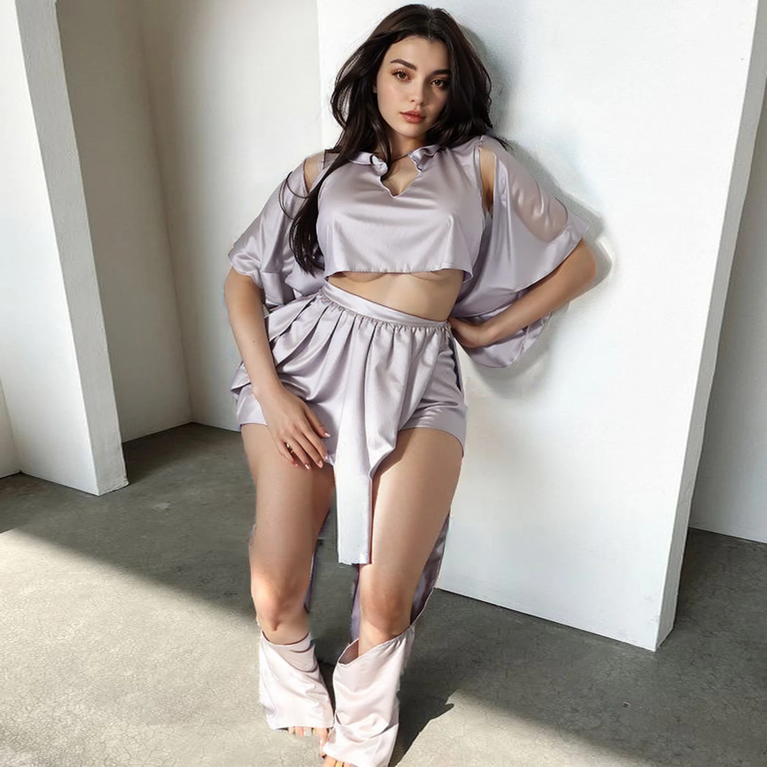 dark hair girl, night dress, middle breast, talons hauts