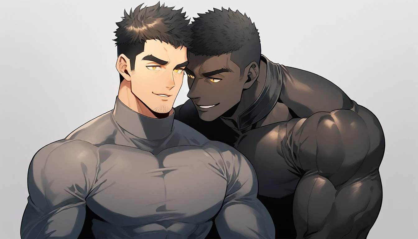 anime characters：Two superheroes in tights, Muscle superhero, negro black skin, They hugged and kissed each other, Caress, Manliness, male focus, Yellow and black striped high collar long sleeve tight T-shirt, Slightly transparent material, Very tight, Round, full and perky chest muscles, Male dog waist, Slightly transparent, muscular male, muscular, only, Upper body, alone, Black short hair, Thick eyebrows, stubble, Yellow eyes, Grey background, simple background, amazing quality, best aesthetics, Ridiculous, bright pupils, crew cut, parted lips, seductive smile, torogao, naughty face, drop shadow, best quality