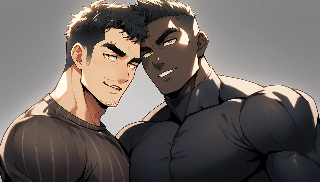 anime characters:Two superheroes in tights, Muscle superhero, negro black skin, They hugged and kissed each other, Caress, Manliness, male focus, Yellow and black striped high collar long sleeve tight T-shirt, Slightly transparent material, Very tight, Round, full and perky chest muscles, Male dog waist, Slightly transparent, muscular male, muscular, only, Upper body, alone, Black short hair, Thick eyebrows, stubble, Yellow eyes, Grey background, simple background, amazing quality, best aesthetics, Ridiculous, bright pupils, crew cut, parted lips, seductive smile, torogao, naughty face, drop shadow, best quality