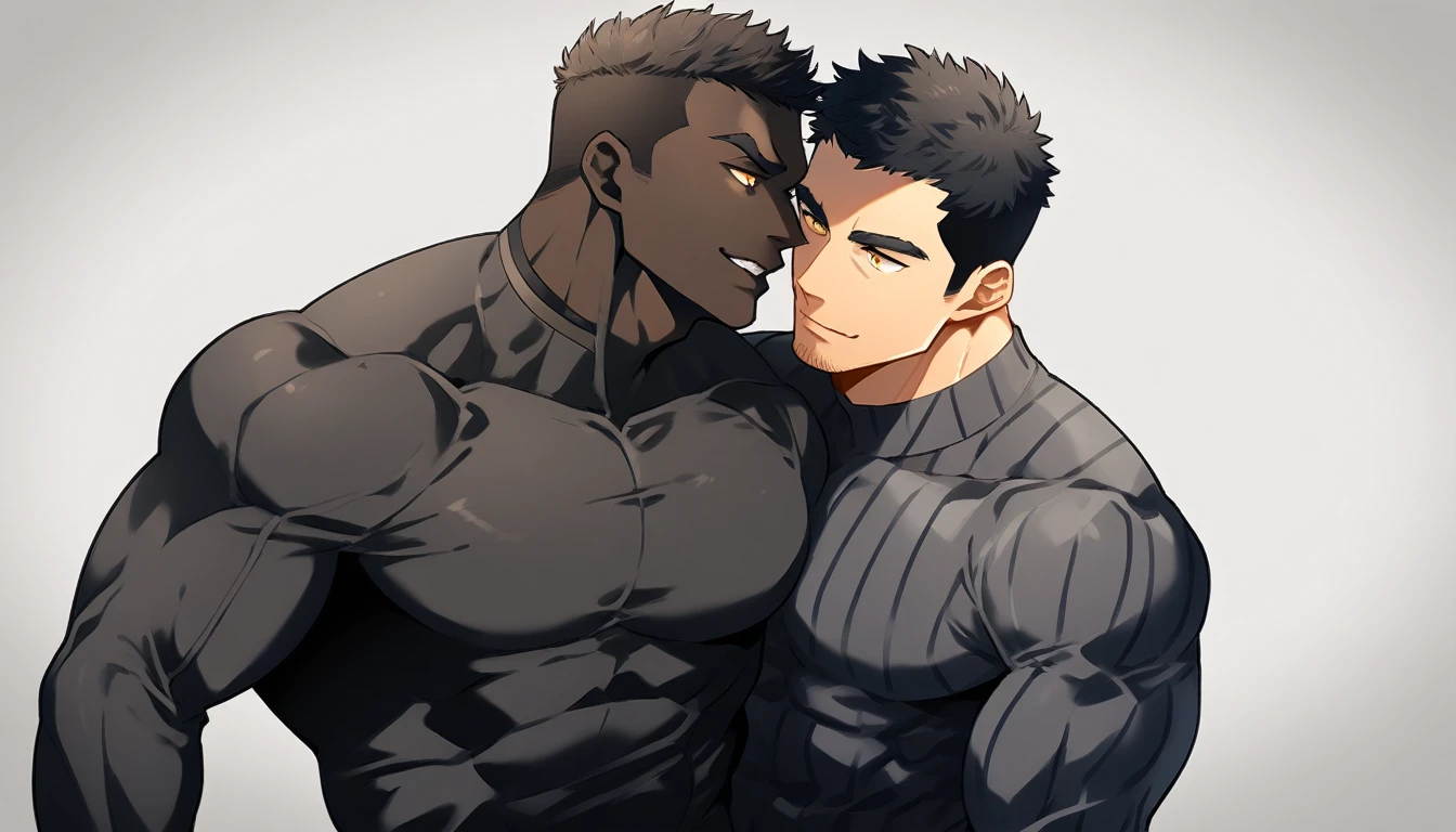 anime characters：Two superheroes in tights, Muscle superhero, negro black skin, They hugged and kissed each other, Caress, Manliness, male focus, Yellow and black striped high collar long sleeve tight T-shirt, Slightly transparent material, Very tight, Round, full and perky chest muscles, Male dog waist, Slightly transparent, muscular male, muscular, only, Upper body, alone, Black short hair, Thick eyebrows, stubble, Yellow eyes, Grey background, simple background, amazing quality, best aesthetics, Ridiculous, bright pupils, crew cut, parted lips, seductive smile, torogao, naughty face, drop shadow, best quality