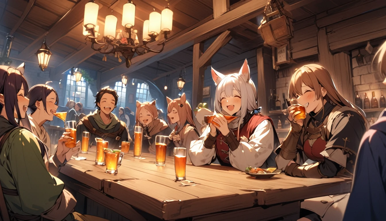 A person with animal ears and a tail々A group of people drinking and laughing in a medieval bar
