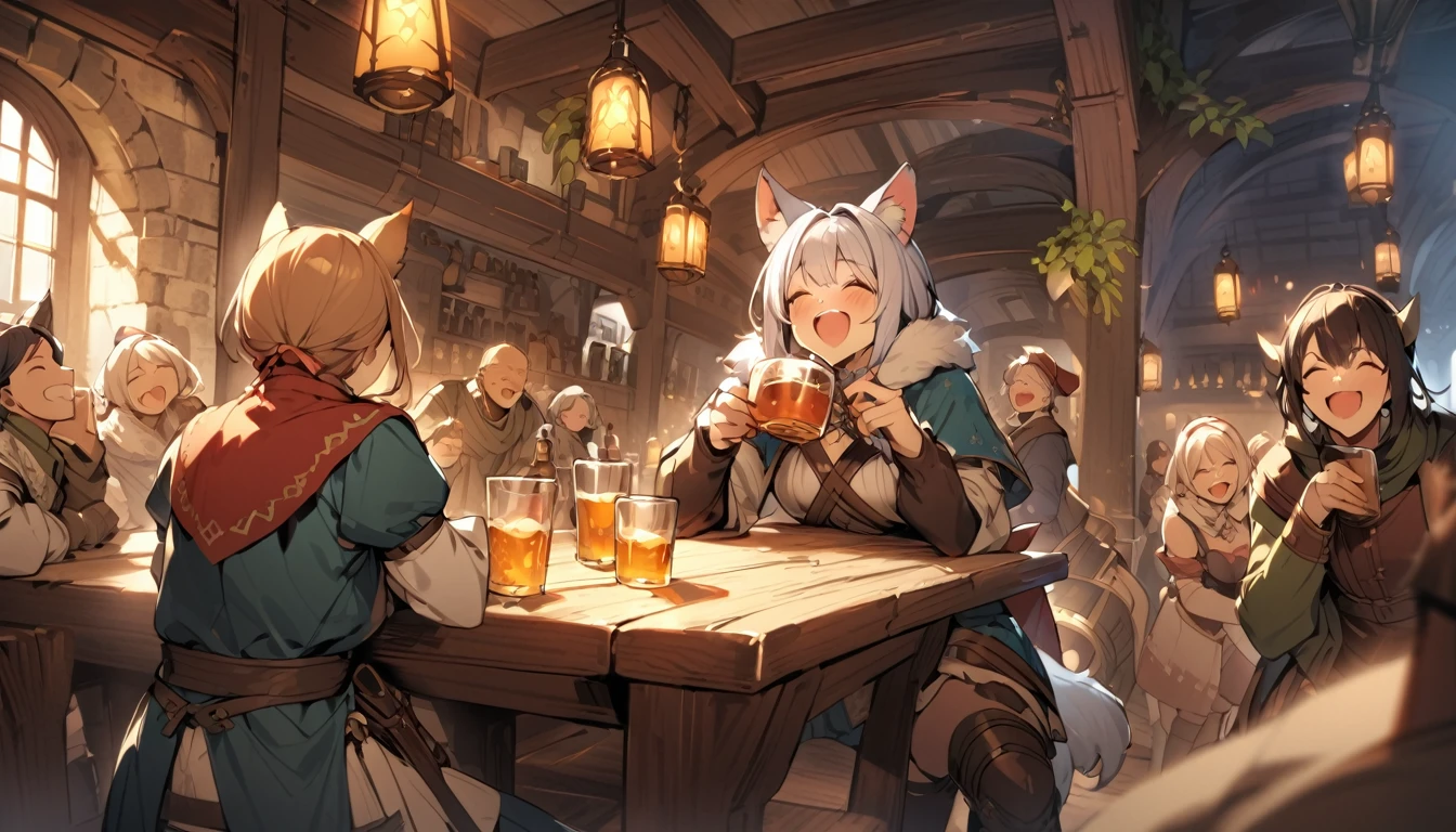 A person with animal ears and a tail々A group of people drinking and laughing in a medieval bar