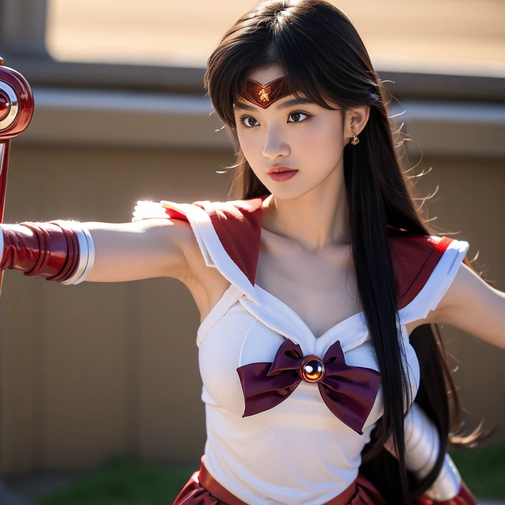 Highest quality, masterpiece, Ultra-high resolution, Very detailed, 8K, 14 year old beautiful Japanese woman:1.5, Small face, (A detailed and glamorous red Sailor Moon costume:1.5), Breast Augmentation Surgery, Very detailedな臭い脇の下、 Dynamic Angle