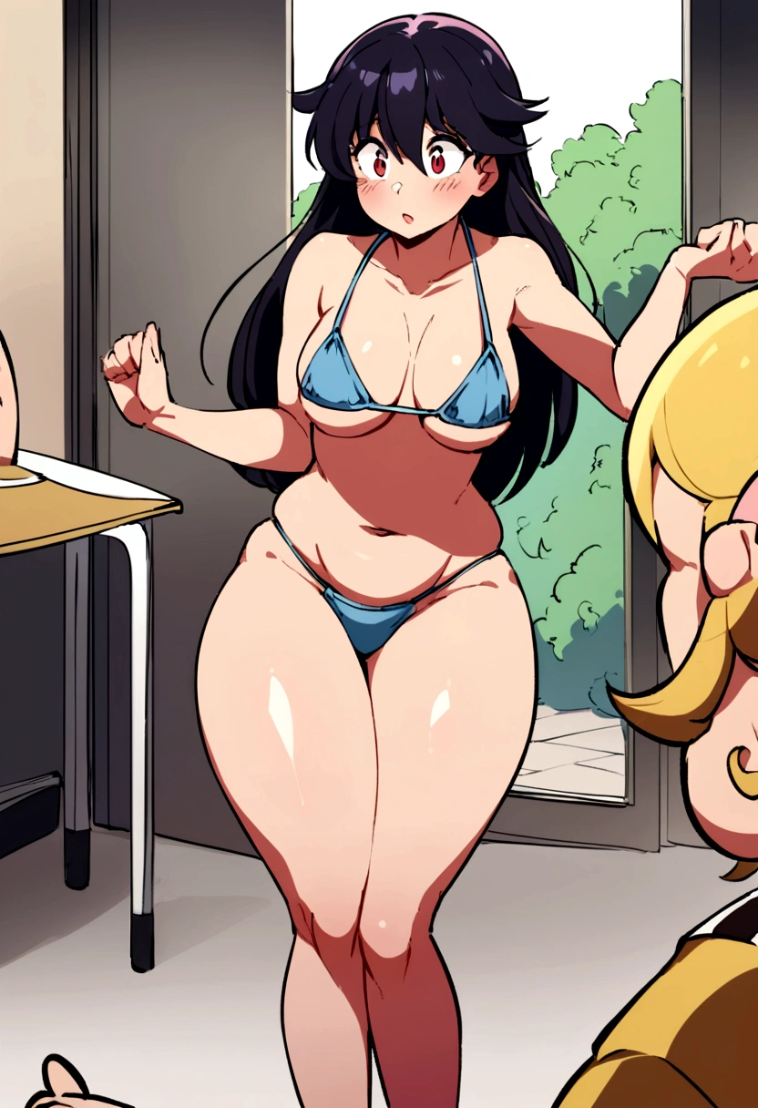 A school shooter, shooting kids in a bikini who are hiding behind a table. Theres a guy slapping the intruters fat thighs.
