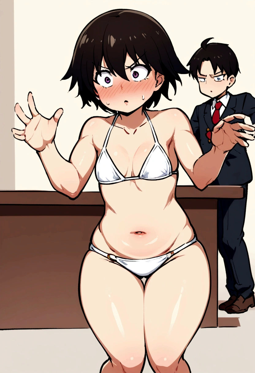 A school shooter, shooting kids in a bikini who are hiding behind a table. Theres a guy slapping the intruters fat thighs.