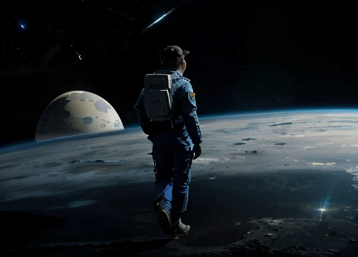 A spaceship lands on a planet , the astronaut in his space uniform walks with a device in his hands analyzing the unknown environment of the planet.
