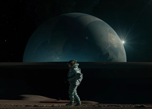 A spaceship lands on a planet , the astronaut in his space uniform walks with a device in his hands analyzing the unknown environment of the planet.