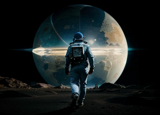 A spaceship lands on a planet , the astronaut in his space uniform walks with a device in his hands analyzing the unknown environment of the planet.