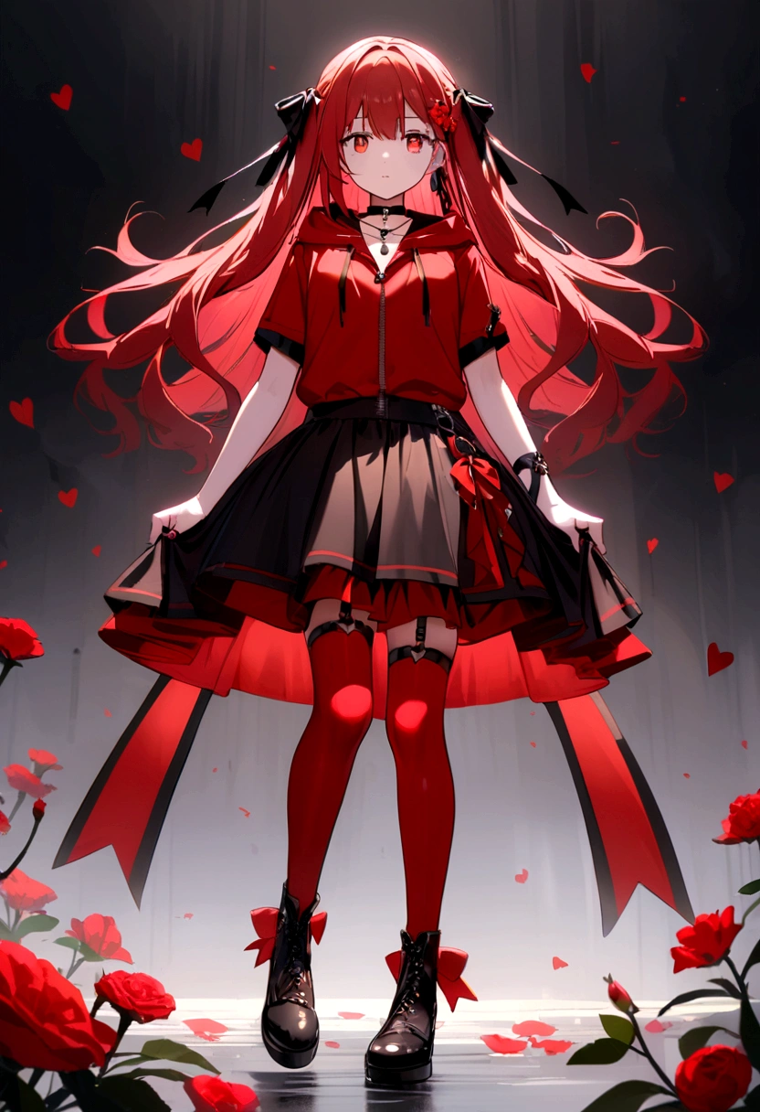 a  with a red skirt and a  black skirt that is under  the red shirt . red stockings . red zip up hoodie, black shirt underneath with short sleeves and ,red hair, long hair and a flower with a ribbon on the bottom on the side on the hair  and red eyes has a black Choker , and a small heart red necklace   , full body has a  ribbon bow waistband