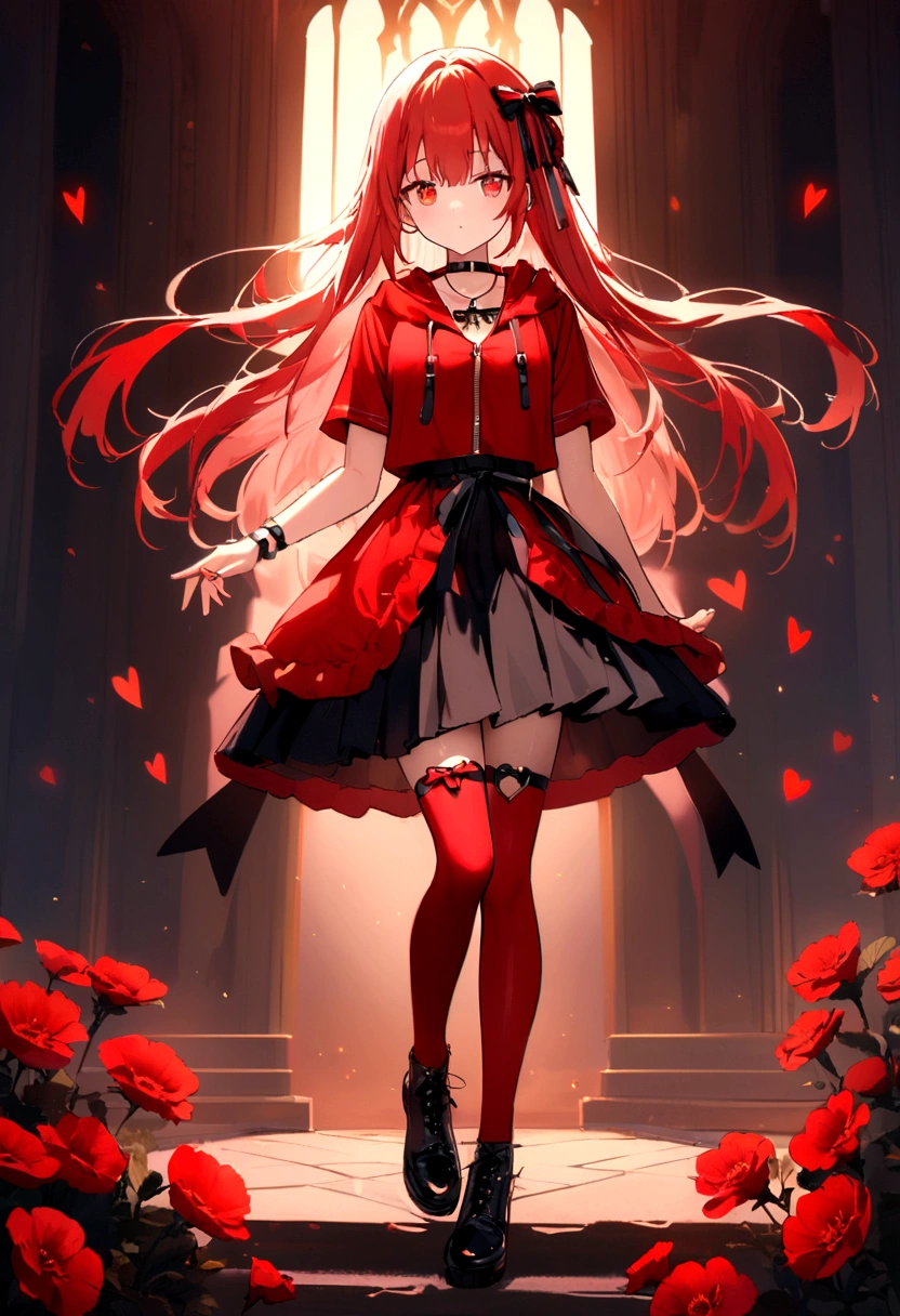 a with a red skirt and a black skirt that is under the red shirt . red stockings . red zip up hoodie, black shirt underneath with short sleeves and ,red hair, long hair and a flower with a ribbon on the bottom on the side on the hair and red eyes has a black Choker , and a small heart red necklace , full body has a ribbon bow waistband