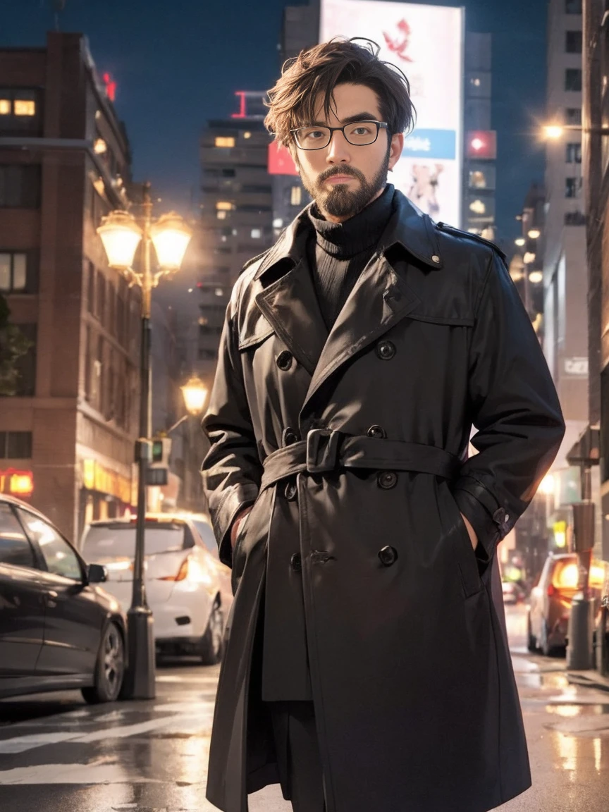 Highest quality, 1 boy, Glasses, Stubble, beard, Against the background of the cityscape、A scene where a man wearing a black trench coat is walking。Skyscrapers and city lights are reflected in the background.。