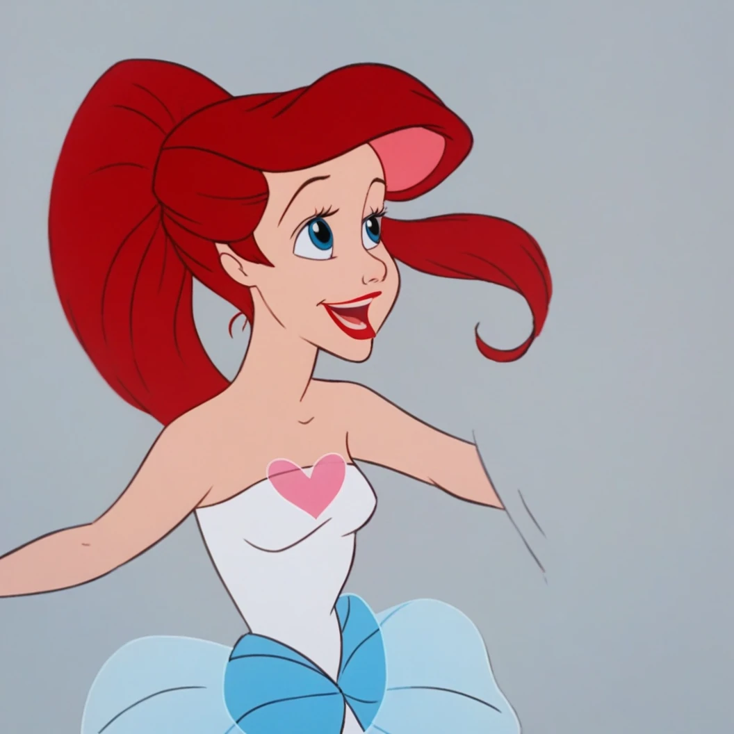 ar_el, 1girl, fair skin, red lips, red hair, large aqua-blue eyes (rating safe), dance studio, standing, front view, ballerinas, white panties with pink hearts, heart print panties, tutu dress, ballet dance, pirouette, having fun