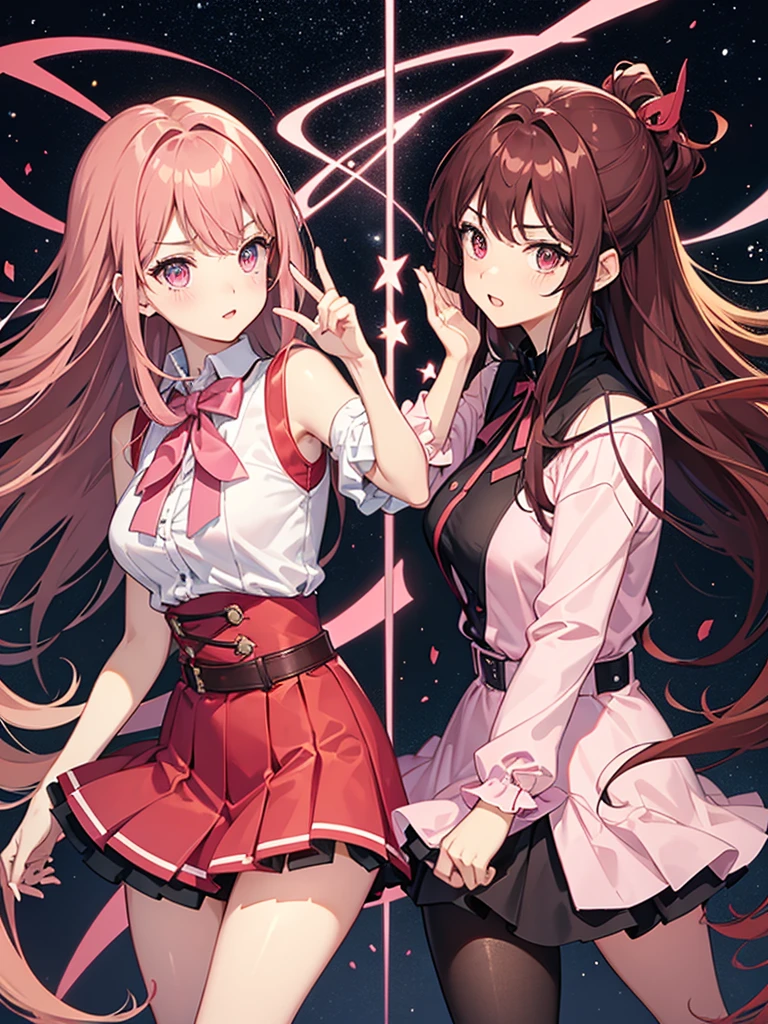 red-brown hair womanher eyes brown and her clothes a skirt pink and ribom pink night with stars, fighting with her super gun pink with your black cat duo fighting,