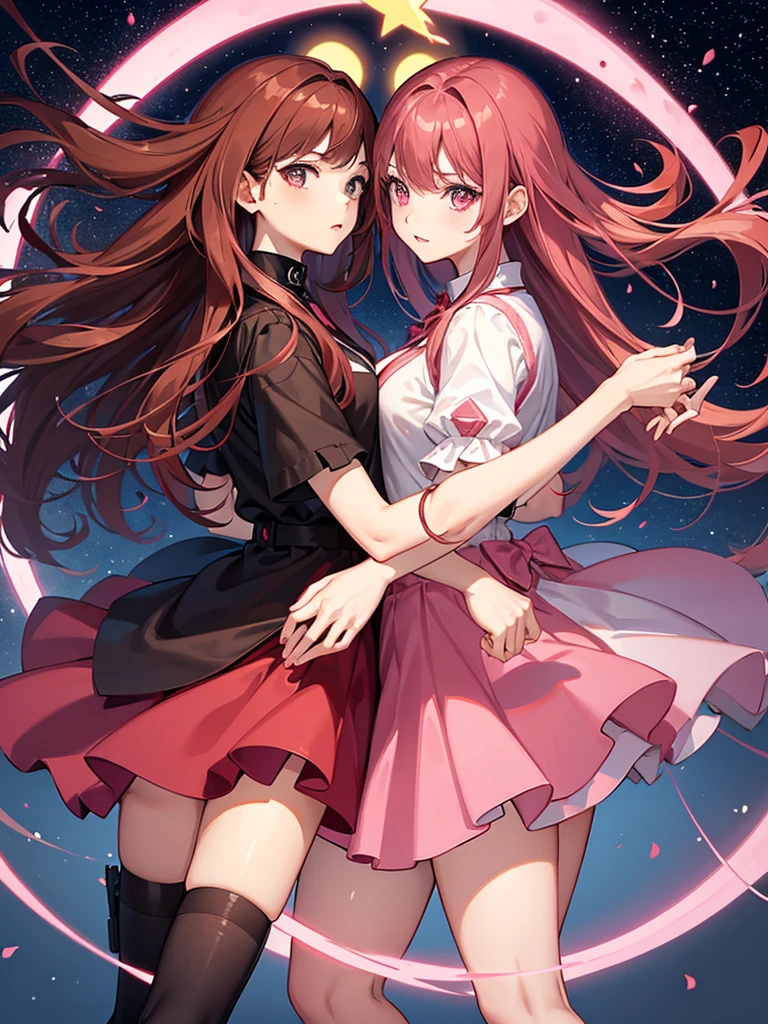 red-brown hair womanher eyes brown and her clothes a skirt pink and ribom pink night with stars, fighting with her super gun pink with your black cat duo fighting,