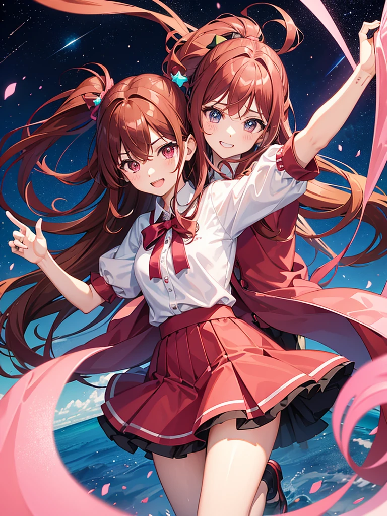 red-brown hair womanher eyes brown and her clothes a skirt pink and ribom pink night with stars, fighting with her super gun pink with your black cat duo fighting,