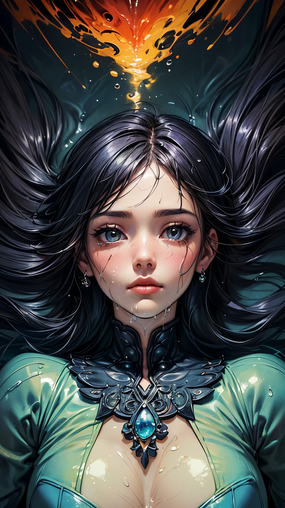(Highest picture quality), (Master's work), (ultra-detailed), the portrait is centered, 1girl, raiden shogun, (magnificent dress), blush, hips, ((from above:1.1), (water drop, (rain), (outdoors), stained, wet hair, magnificent dress, scenery, (long hair), nature background, close up, ((on back)), water, in water, masterpiece, best quality, ultra high res, highly detailed, (abstract expressionism art:1.4), [girl | fire ghost:10], love, sparking fire eyes, dark rainbow theme, colorful, visually stunning, beautiful, gorgeous, emotional, intricate, perferct shading, cartoon style, disney style