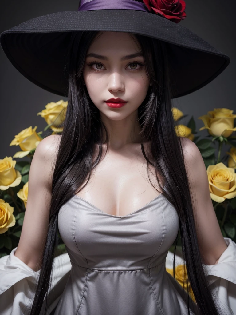 a gray-skinned woman, sinisterly beautiful, tall, with long black hair in a bun, yellow eyes, pearly white low-cut dress, with black roses, red lipstick, purple makeup, with a black floppy hat