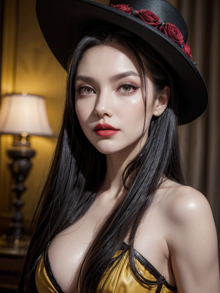 a gray-skinned woman, sinisterly beautiful, tall, with long black hair in a bun, yellow eyes, pearly white low-cut dress, with black roses, red lipstick, purple makeup, with a black floppy hat