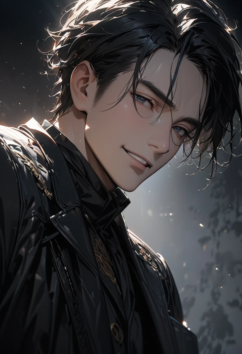 Close-up of handsome mature young boy's face taking photo of brown-haired man( perfect anatomy ) Face side close-up. Detailed face. realistic eyes.
The face and eyes are very detailed. Delicate skin.、Delicate skin texture smile, Black trench coat dark shadow background, black soft light, Professional photography master'Artworks, texture, complicated, Clear,
High-quality masterpieces,Extremely complicated and exquisitely detailed, Super detailed, Super detailed digital art