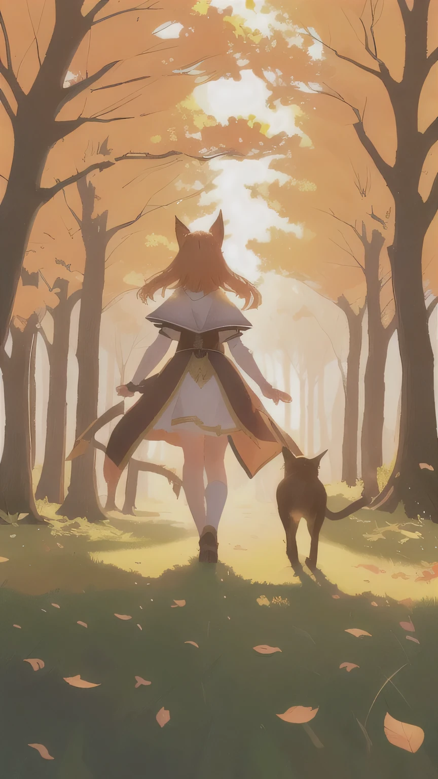 best quality,Best Works,Close-up of a cat walking through the forest,Long-eared cat girl,Back,Wearing a cape,Shadow behind,Light and Shadow,Fairy tale background,Fairy Tale Forest,Fallen Leaves,Sunset,mobile Game Art, game illustration, Game Art, 2D game scene,