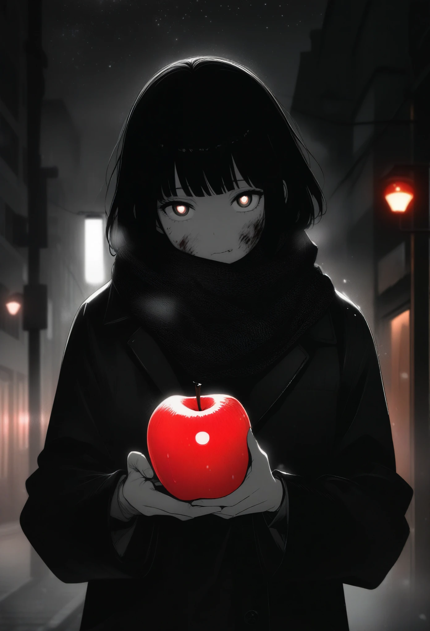 masterpiece, best quality, 1girl, momose_(oqo) official art, grayscale, manga style, japanese, chi no wadachi, black eyes, glowing white pupils, street, iced, black hair, schoolbag, lineart, looking at viewer, blood on face, black coat, black scarf, 35 years old, mature_female:1, tall, fair skinned, bokeh background, bob cut, light particles, centered, snowing, emotional anime scene, scenery, outdoors, (very aesthetic, best quality, ultra detailed), intricate details, red and blue lights flashing, cool, soleless, emotionless, tired, taking a bite out of a shiny red apple, eating apple, holding apple to lips, holding, street lamp, surrounded by darkness, stars in the sky, biting, full shot, sidewalk
