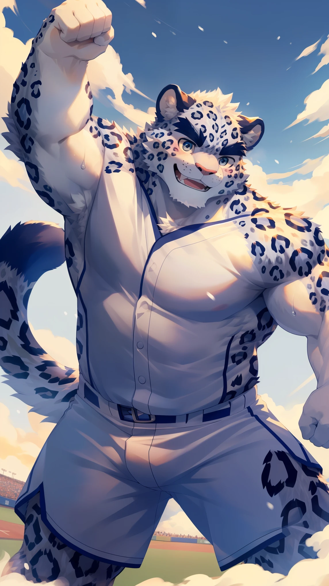 (Vision:1.5), solitary, anthropology, hairy, hairy male, snow leopard, ((Fluffy fur, Fluffy, hairy body)), (snow leopard print), (Thick eyebrows), youth, muscular, White and big skin, Blue-gray pupils, Detailed teeth, defaced face, fundos, baseball player, Gray purple baseball uniform, Small bump, On the pitch, Play baseball, sideways, Shy expression, A faint smile, blush, (Dynamic poses:1.5), Clear facial features, Strong, majestic, Sweat,solitary, panoramic, Fog atmosphere, early morning, Tyndall light effect, On the pitch, (By Empty Ghost, From snow leopard20, masterpiece, high quality, high resolution,8K)