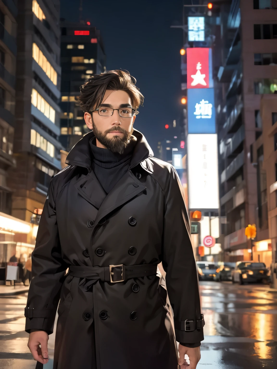 Highest quality, 1 boy, Glasses, Stubble, beard, Against the background of the cityscape、A scene where a man wearing a black trench coat is walking。Skyscrapers and city lights are reflected in the background.。