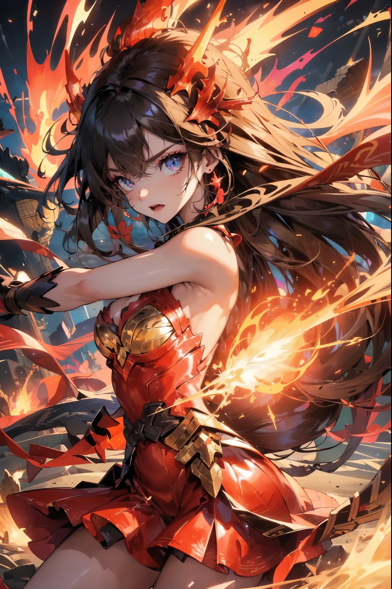 (best quality、masterpiece、high resolution)、4K animation art,Maximum details, Movie, Abstract Art, Dark theme, 1 girl, aldult (Elf:0.7) Miss, freckle, ruby色的眼睛, Beach Waves, 
(Style Swirl Magic:0.8),  Solitary, (whole body:0.6), Detailed background, Delicate face, (Hawaiian tribal theme:1.1) (Sparkling eyes:1.05),   Elemental Fire Armor Warrior, [Heavy Armor:Molten Rock:2], covered in Molten Rock, ruby,  enough,  hot,   Glowing Halo, Floating particles, ember, Storm in the background,   Movie cataclysmic atmosphere,