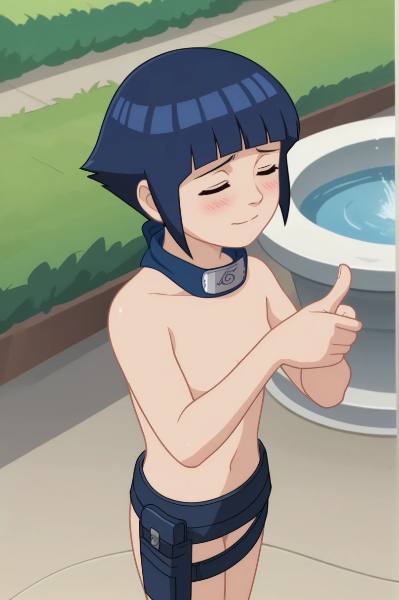 score_9, score_8_above,fountain_cheered up,
 short hair, dark blue hair, 1 girl, blunt bangs, shiny hair,naked, looking to the side,shy, blush, leather trim, standing, SMILE, Closed mouth,standing, cowboy shot, Sales, thigh holster,symbol of konohagakure, forehead protector,nod,double thumbs above, Closed eyes, 
outdoor, forest,
cheered up screencap, cheered up coloring,