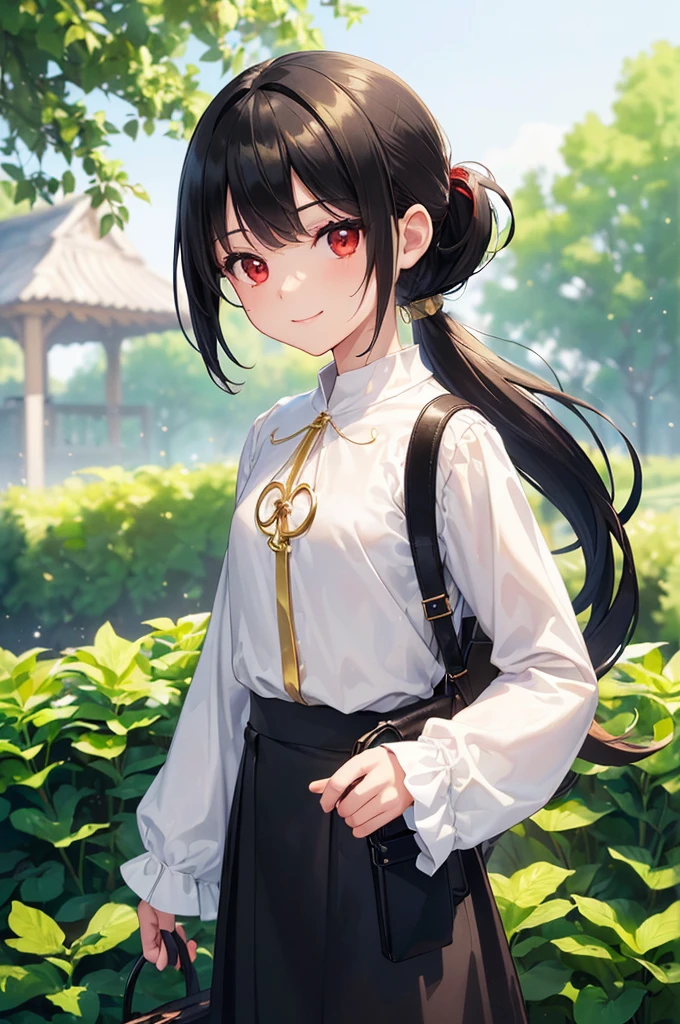 (masterpiece; best quality: 1.2), (finely detailed eyes: 1.3), ((10 year old female ???)), ((solo)), (red eyes: 1.4), (body; short, slender: 1.3), (black hair in ponytail: 1.3), (beautiful and clear background: 1.2), ((depth of field)), (clothes: wanderer mage attire + white-and-gold wide-sleeve shirt + very long black skirt + traveler pouches and satchel: 1.3), (anime illustration: 1.2), (background; garden exterior: 1.1), (extremely fine and beautiful: 1.1), (shot composition; standing + centered on torso + close-up: 1.5), (expression; calm, smile: 1.2)