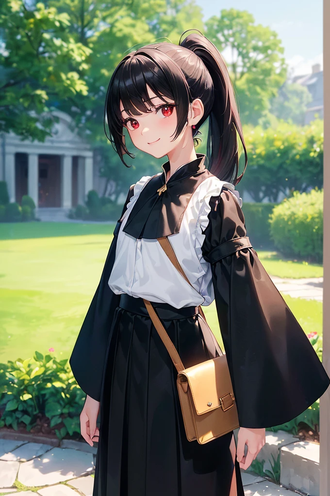 (masterpiece; best quality: 1.2), (finely detailed eyes: 1.3), ((10 year old female ???)), ((solo)), (red eyes: 1.4), (body; short, slender: 1.3), (black hair in ponytail: 1.3), (beautiful and clear background: 1.2), ((depth of field)), (clothes: wanderer mage attire + white-and-gold wide-sleeve shirt + very long black skirt + traveler pouches and satchel: 1.3), (anime illustration: 1.2), (background; garden exterior: 1.1), (extremely fine and beautiful: 1.1), (shot composition; standing + centered on torso + close-up: 1.5), (expression; calm, smile: 1.2)
