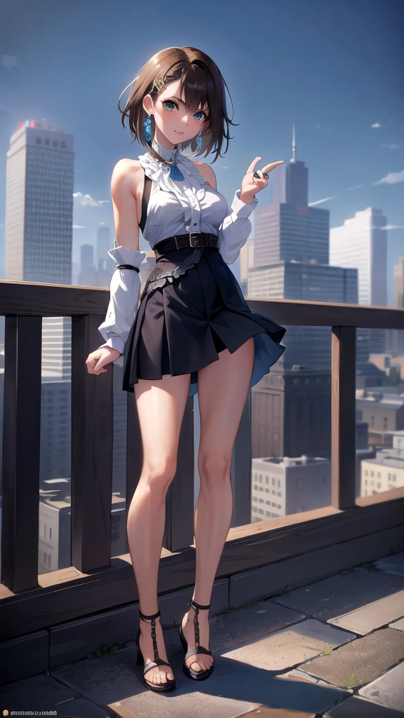 best quality,masterpiece,8k wallpaper,absurdres, highres, ultra detailed, (****ung beautiful girl, solo:1.1), yuna (ff10),heterochromia, green eyes,  brown hair, short hair, blue eyes, jewelry, ring,dress shirt,overall skirt,hand between legs,cityscape, skyscraper,east_asian_architecture, street,BREAK