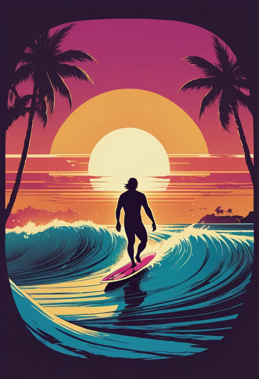 creative logo ilustration retro style of a surfer on his board with the sunset and waves,, featuring the word ( HOT SUMMER), only three warm colors, digital art style by dan mumford, marcsimonetti, frank frazetta, sketch, high definition, negative space, logo style, T-shirt design,