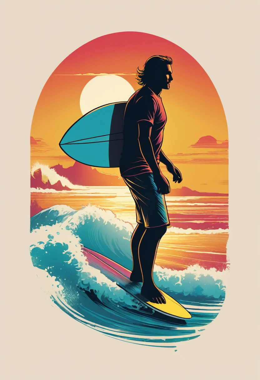 creative logo ilustration retro style of a surfer on his board with the sunset and waves,, featuring the word ( HOT SUMMER), only three warm colors, digital art style by dan mumford, marcsimonetti, frank frazetta, sketch, high definition, negative space, logo style, T-shirt design,