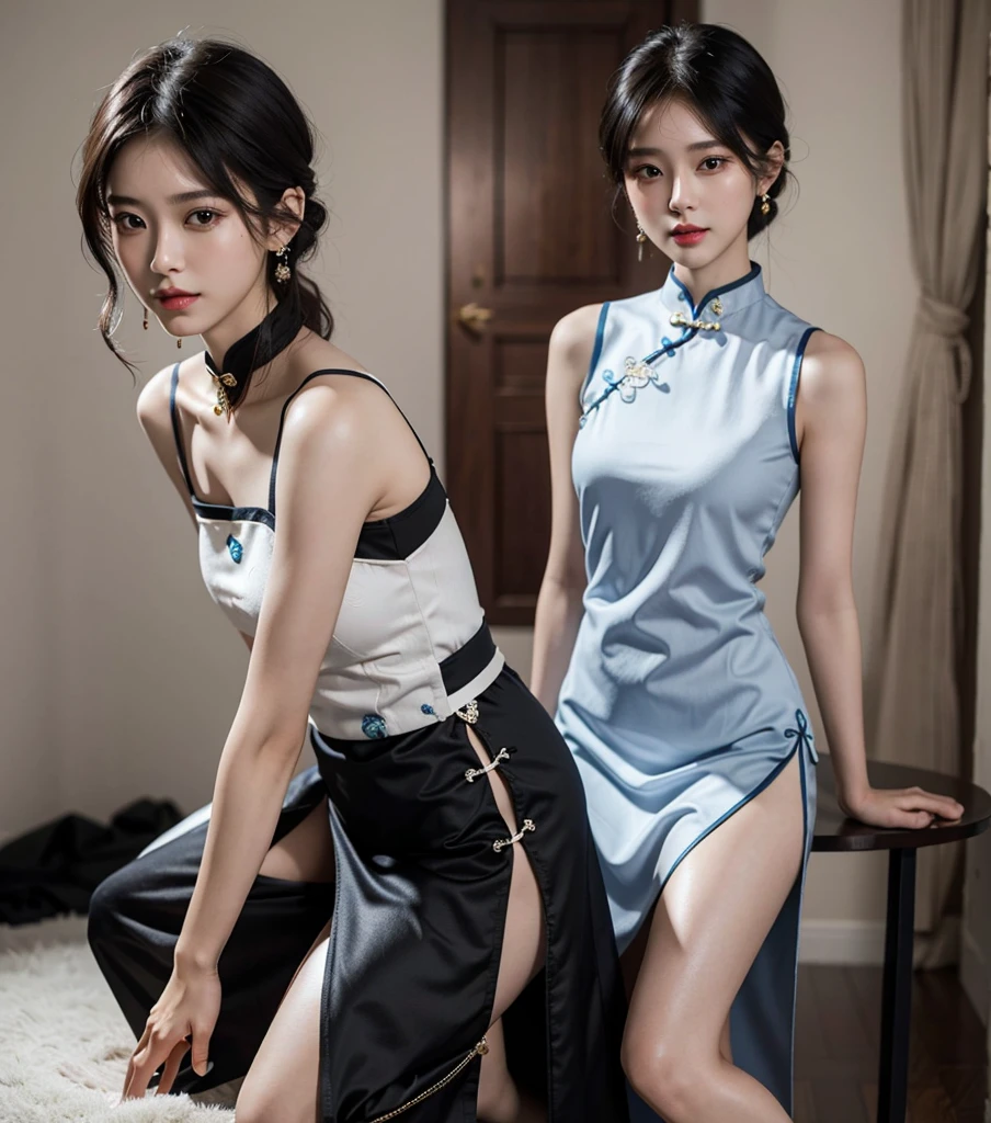absurdres, RAW photo, extremely delicate and beautiful, masterpiece, Best Quality, ultra high resolution, 32k, hyperrealistic, ultra-detailed, late 20s, very Slim body, narrow waist, very small head, handsome detailed woman, very detailed eyes and face, realistic face proportions, Stunning detailed eyes, Realistic beautiful face, very small face, Realistic small beautiful eyes, delicate facial features, tearful mole, earring, very huge round breasts, ((((full body shot)))), medium hair, black hair, ((cheongsam)),