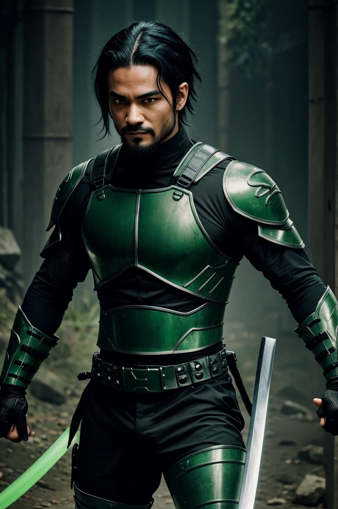 Chico,black shinobi suit,dark green hair,2 katanas in hand,green eyes with black vertical line,creeper tattoos on forehead,fierce look,challenging smile,battle landscape