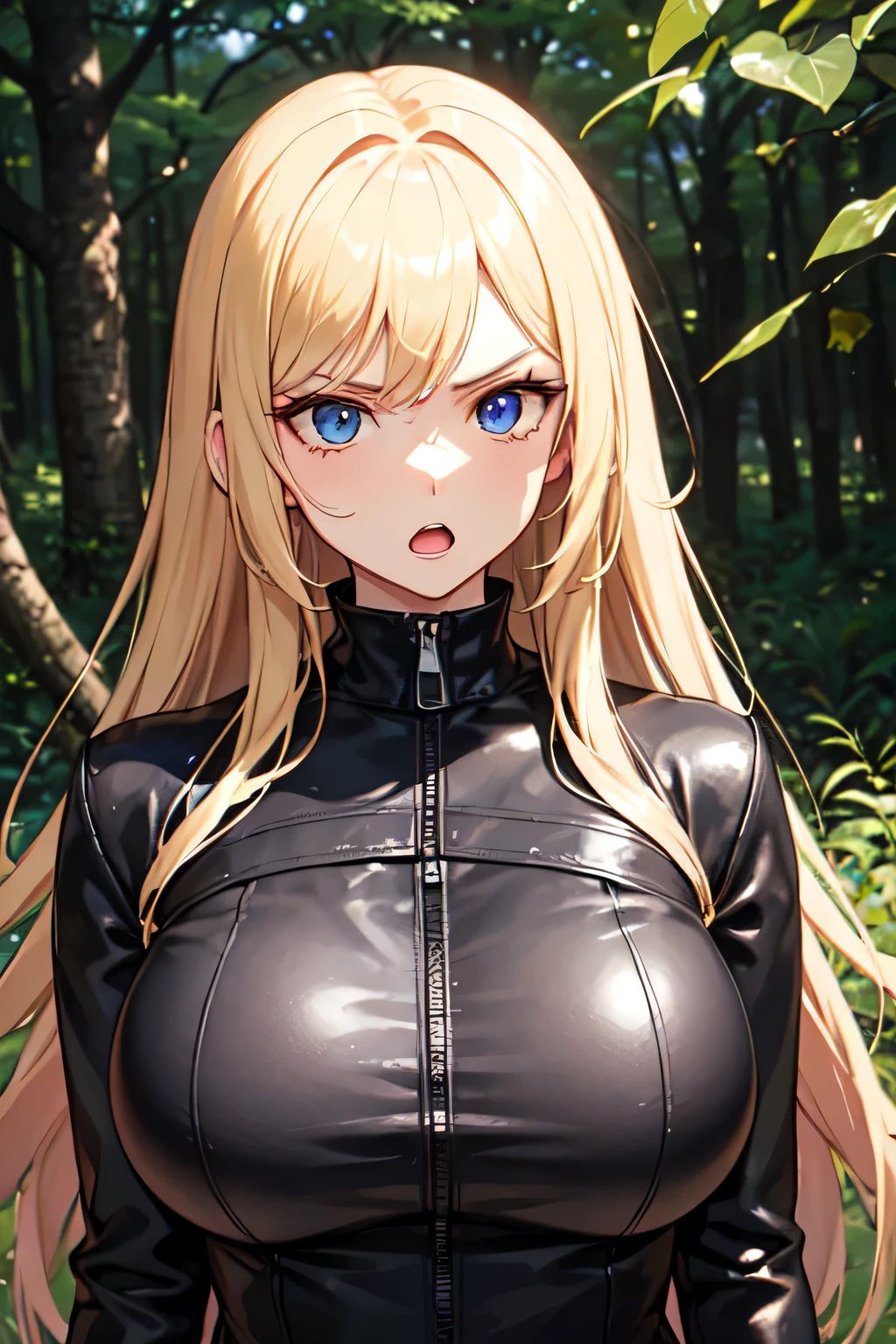 a busty long hair blonde woman blue eyes with a haughty serious face expression, open mouth, black leather jumpsuit, forest background, facing the camera, Big breast++, face camera, serious face