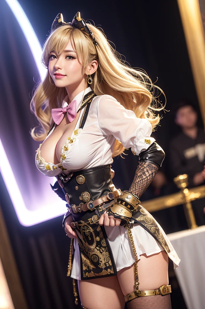 Woman portrait、Highest quality、Rear view 8k, clear, Fine skin、Clear, beautiful eyes、whole body、Curly Hair、My hair was messed up by the wind、The beauty of a smile、(Big Breasts、tall)、,(Hip_superior, Hip superior), Mature Woman,( Watching the audience),Realistic, High resolution, Soft Light,1 female, alone, Hipアップ, Glowing Skin, (Detailed face), Perfect Style, Perfect balance,blonde hair,Long Hair,Fine Skin,((Steampunk yukata,gyaru)),Steampunk style girl、Costumes decorated with lots of gear and watches,(Steampunk samurai,Steampunk dirndl,White and gold and pink, High-tech Mecha,wrist cuffs,A bow tie,white dress shirt、buttons、epaulettes,beads,elbow gloves,Short jeweled tie、Gemstone Helmet,belt steampunk bodystocking,High leg,Lavish decoration,one piece)、((arms behind back)),(bokeh),(studio lighting)