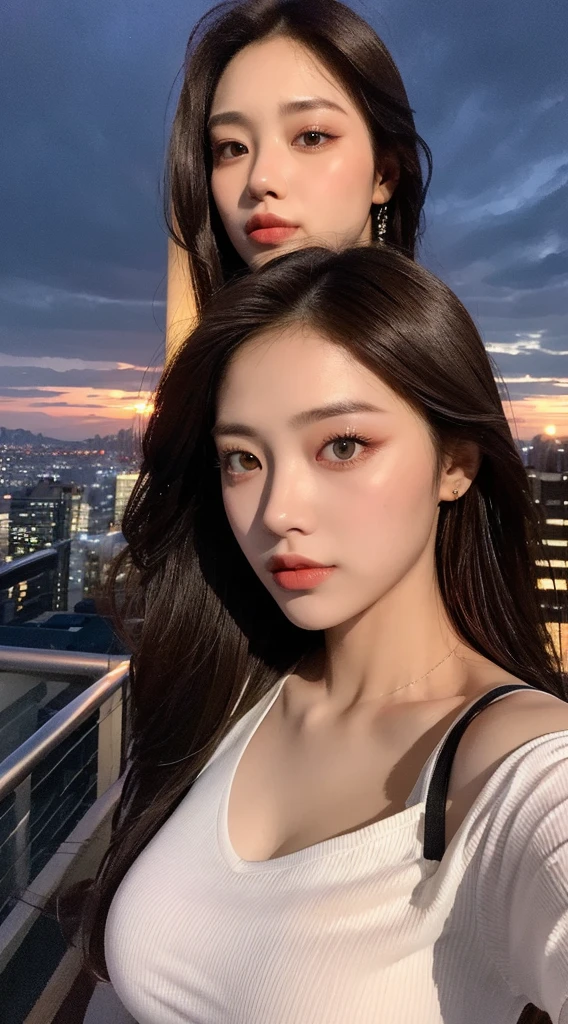 ((Midnight, Best quality, 8k, Masterpiece :1.3)), Whole body, Long legs, Sharp focus :1.2, A pretty woman with perfect figure :1.4, Slender abs :1.1, ((Dark brown hair, :1.2)), (White tight tshirt, Jean bib, Standing:1.2), ((Night city view, Rooftop:1.3)), Highly detailed face and skin texture, Detailed eyes, Double eyelid, sunset, darken, backlit, off shoulder