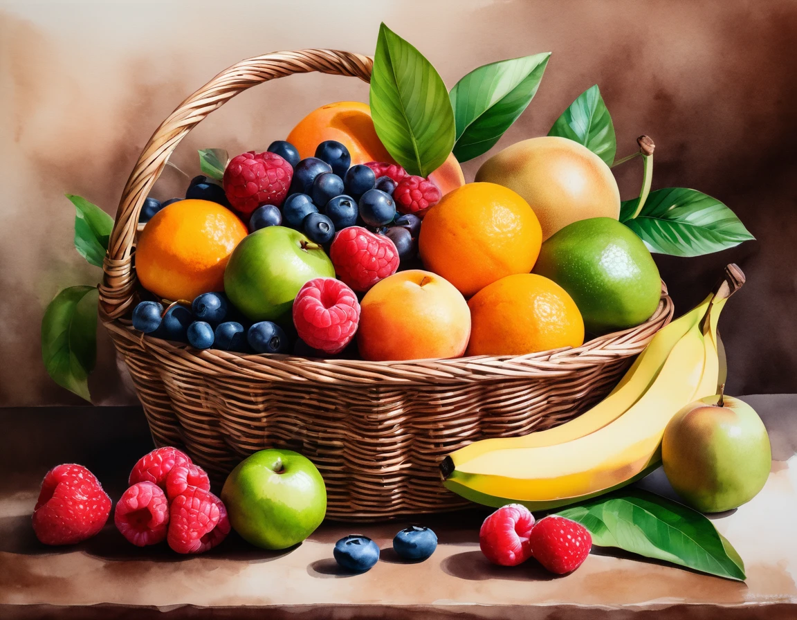 Create a vibrant minimalist watercolor painting featuring a variety of fruits including cherries, banana, mango, grape, avocado, blueberries, peaches, oranges, raspberries, and strawberries arranged in and around a rattan basket. The composition should include lush green leaves as accents, with the fruits rendered in rich, juicy colors that convey their freshness and sweetness. The background should be clear isolated with ultra white transparent background.. ultra Realistic. Masterpiece.