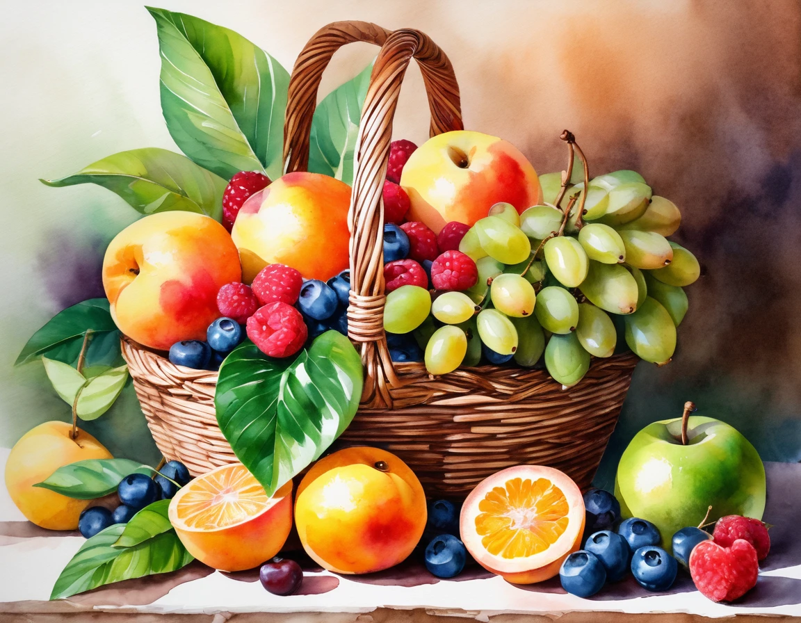 Create a vibrant minimalist watercolor painting featuring a variety of fruits including cherries, banana, mango, grape, avocado, blueberries, peaches, oranges, raspberries, and strawberries arranged in and around a rattan basket. The composition should include lush green leaves as accents, with the fruits rendered in rich, juicy colors that convey their freshness and sweetness. The background should be clear isolated with ultra white transparent background.. ultra Realistic. Masterpiece.