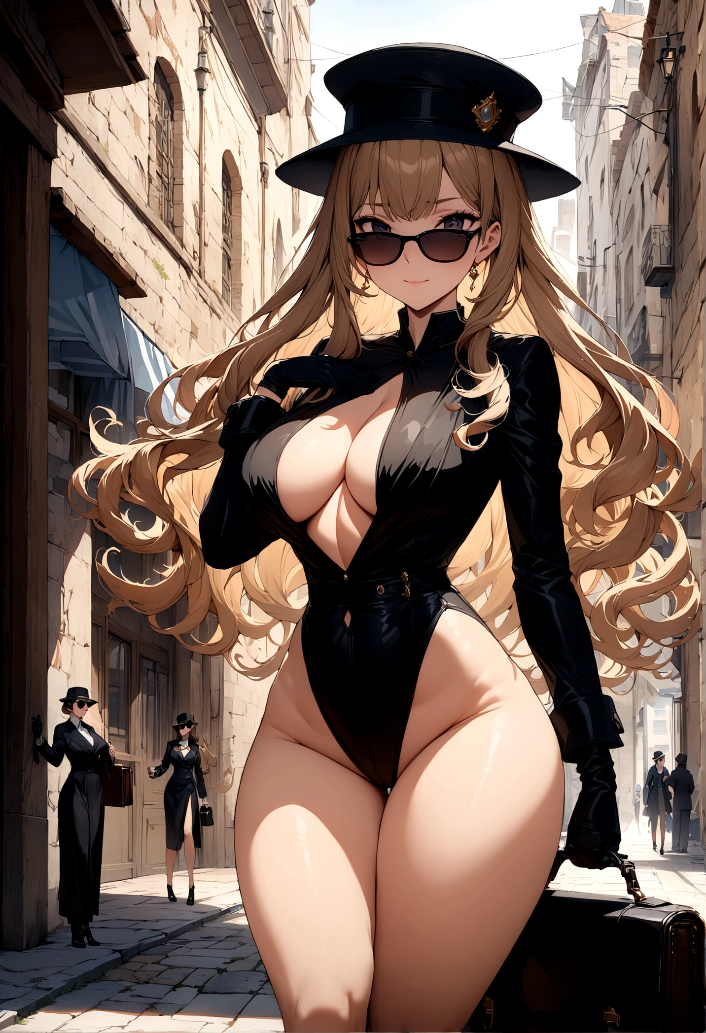 ((Masterpiece, top quality, high resolution)), ((highly detailed CG unified 8K wallpaper)), (huge stunning goddess shot, very hot and sexy, jaw-dropping beauty, perfect proportions, beautiful body, slim body beauty:1.2), Screenshot from a spy movie, two women having a secret conversation on a street corner, wearing black hats, black sunglasses, black trench coats, black gloves, black shoes, holding an attache case and newspaper in one hand, HD,