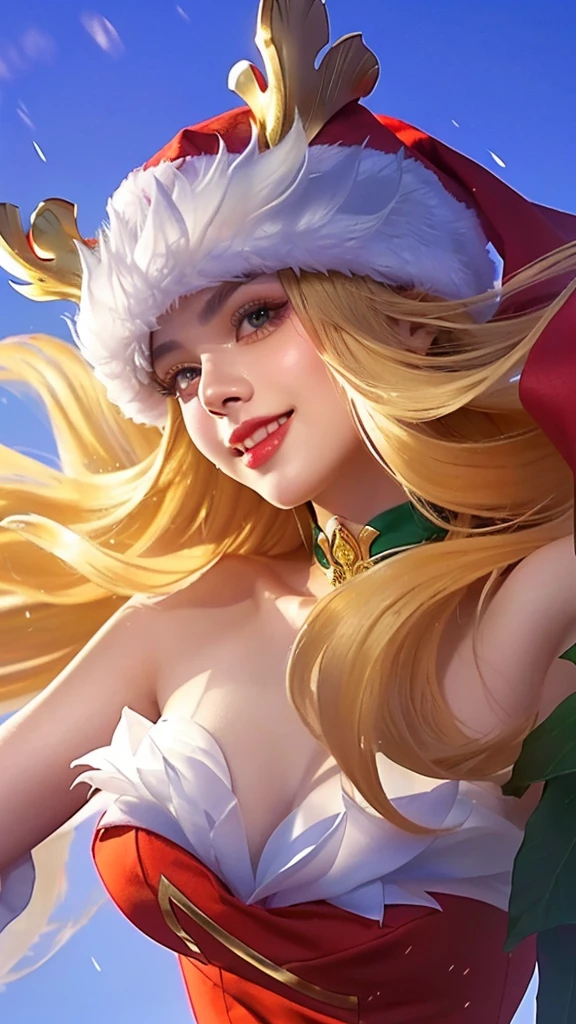 a close up portrait of a beautiful woman wearing a santa hat and a red dress, smile, crystallike skin, iconic character splash art, cinematic lighting, dramatic colors, highly detailed, intricate, masterpiece, photorealistic, 8k, sharp focus, ultra-detailed, hyperrealistic, volumetric lighting, chiaroscuro, dramatic pose, elegant, radiant, mesmerizing, ethereal, glowing, ornate, luxurious