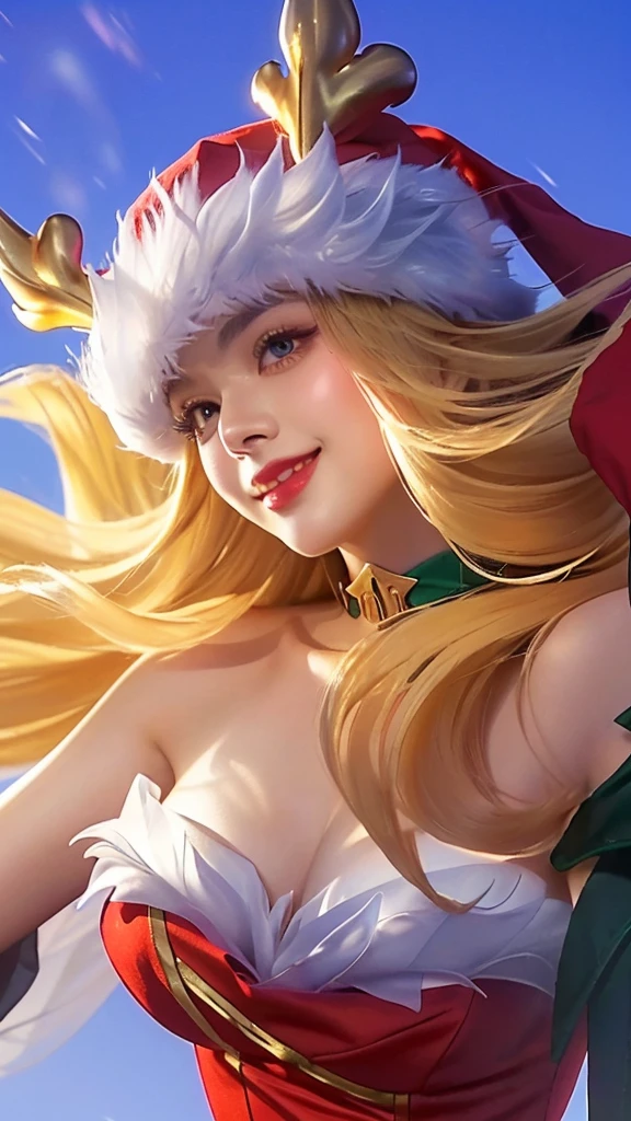 a close up portrait of a beautiful woman wearing a santa hat and a red dress, smile, crystallike skin, iconic character splash art, cinematic lighting, dramatic colors, highly detailed, intricate, masterpiece, photorealistic, 8k, sharp focus, ultra-detailed, hyperrealistic, volumetric lighting, chiaroscuro, dramatic pose, elegant, radiant, mesmerizing, ethereal, glowing, ornate, luxurious