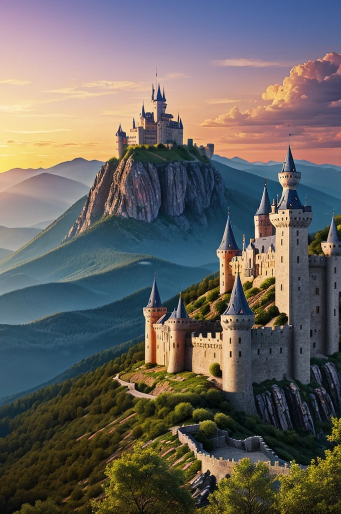 Drawing of a castle with thirteen colored towers: yellow, blue, red, Orange, purple, green, gray, silver, Dorado, Brown, rosa, light blue and white, on a mountain at sunset.