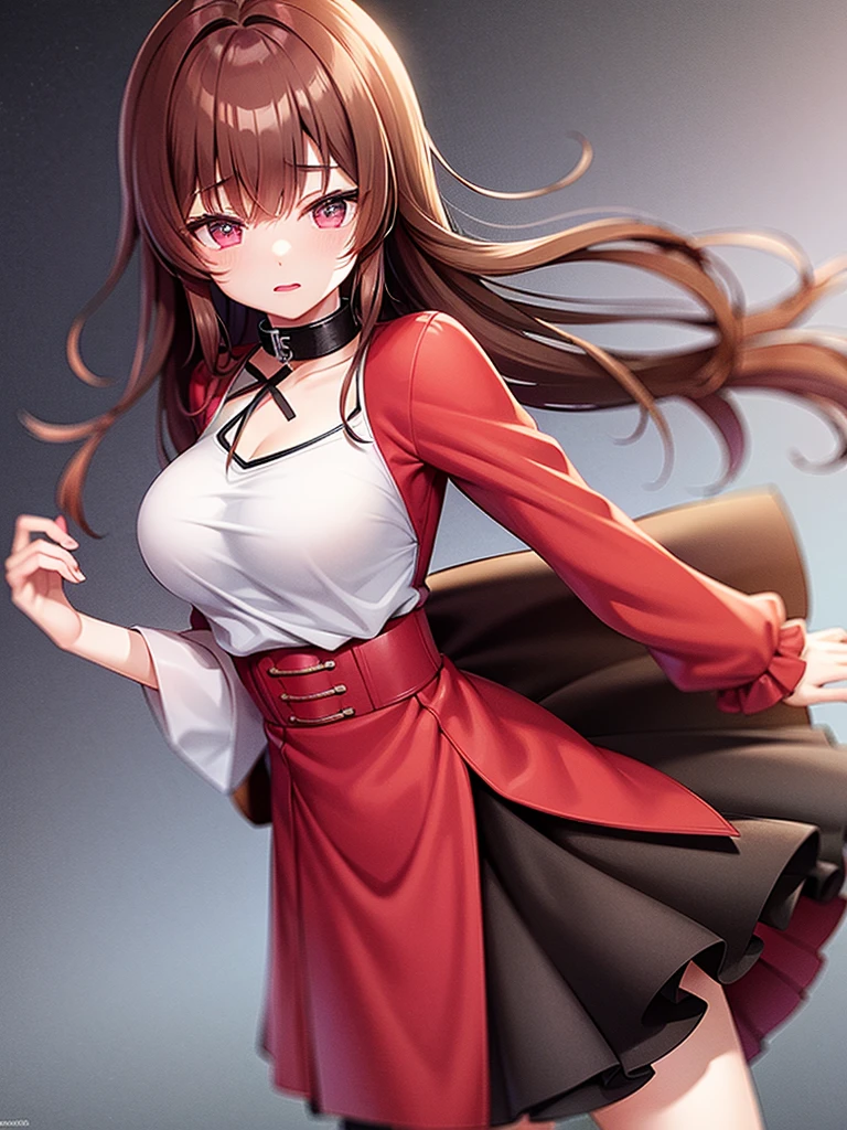 red-brown hair womanher eyes brown and her clothes a skirt pink and ribom pink night with stars, fighting with her super gun pink with your black cat fighting,