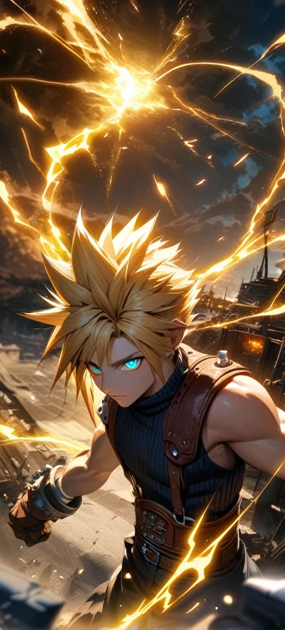 Symetrical,absurdres, highres, ultra detailed, HDR, masterpiece, extremely detailed face and eyes, Cloud Strife,final fantasy 7, yellow hair , , solo, man, handsome, ,, , Epic fight scene, yellow lightning effect, glowing glitters
